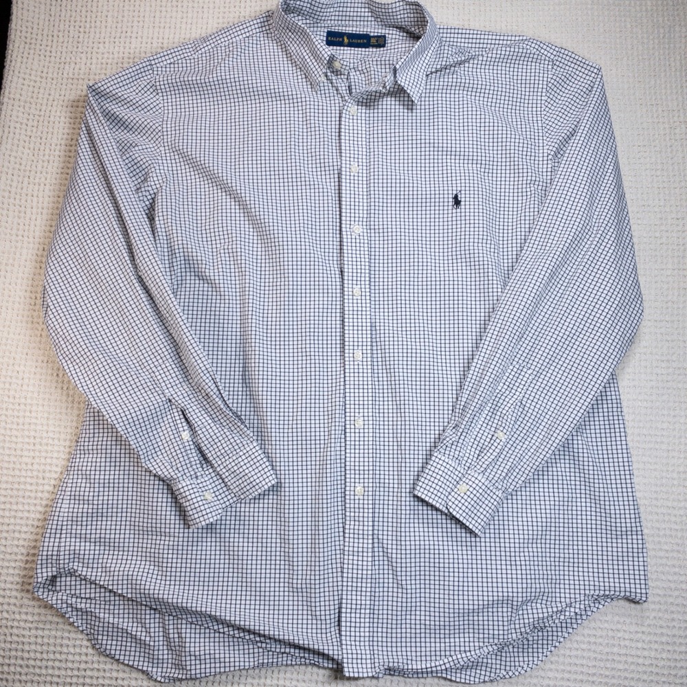 Ralph Lauren Mens 3XLT Tall Button Down Shirt Navy Blue White Check Long Sleeve